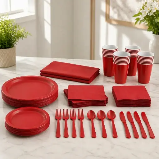 Red Disposable Tableware Set for 20 Guests