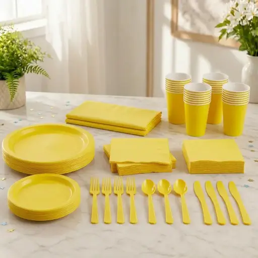 Yellow Disposable Tableware Set for 20 Guests