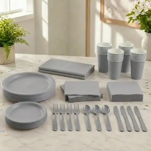 Silver Disposable Tableware Set for 20 Guests