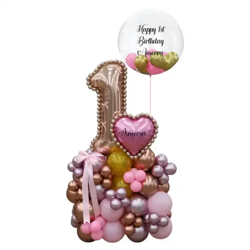 Rose Gold First Birthday Balloon Bubble Stand with custom message
