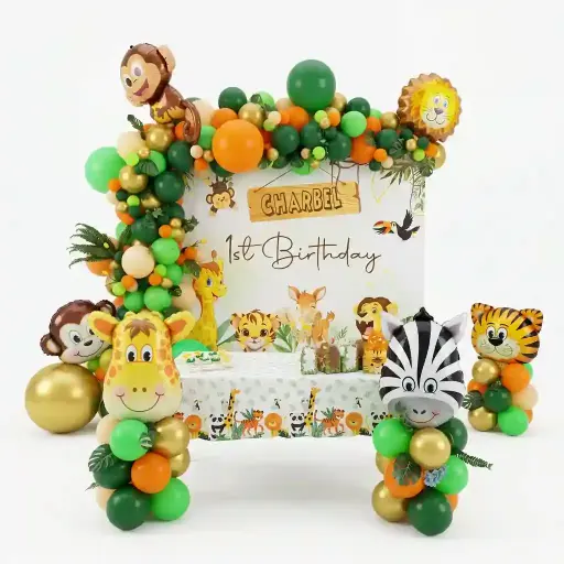 Jungle Safari First Birthday Balloon Decoration Setup