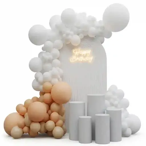 Elegant White & Nude Balloon Backdrop with Neon Sign