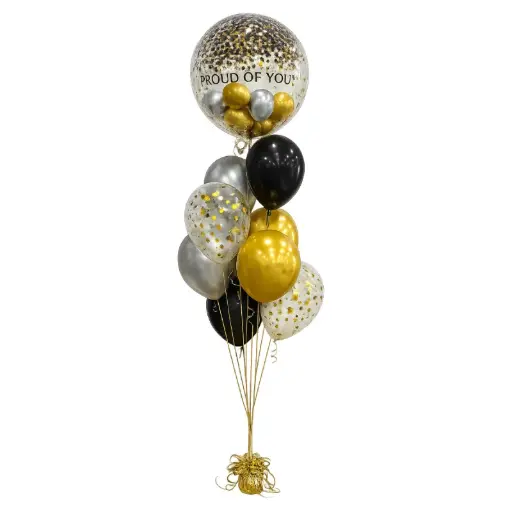 Proud of You Graduation Balloon Bouquet - Gold, Black & Silver
