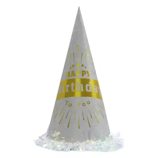 [00058916] Silver Glitter Party Cone Hat – 32cm Paper Birthday Cap
