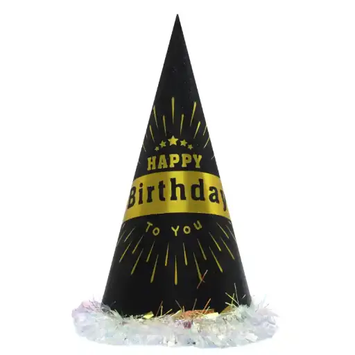 [00058910] Happy Birthday Black & Gold Cone Hat – Foil Paper Party Hat 32 cm