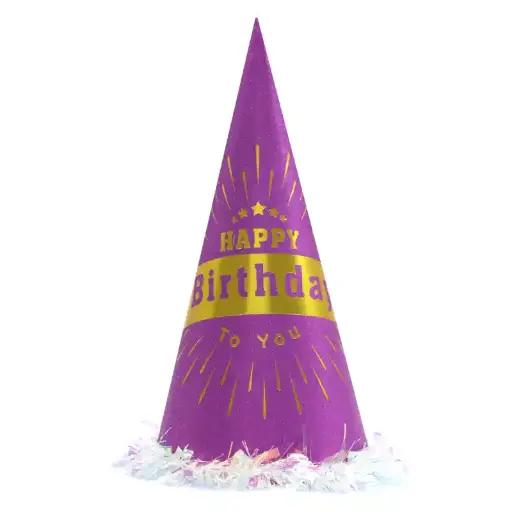 [00058908] Purple Metallic Paper Party Hat – 32cm Cone Cap for Birthdays