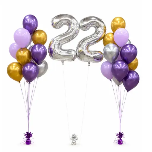 Birthday Balloon Bouquet Set with Silver Number Balloons - Purple, Gold & Silver
