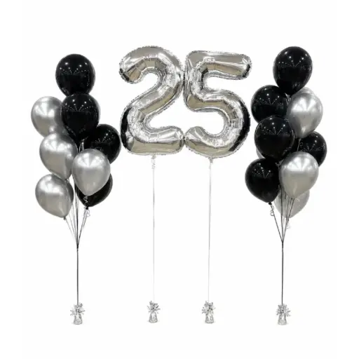 25th Birthday Balloon Bouquet Set with Silver Number Balloons
